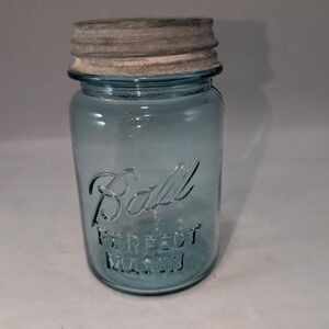 Vintage Ball Perfect Mason Jar Aqua Blue Glass Pint Size Zinc Lid Milk Glass‎ #5